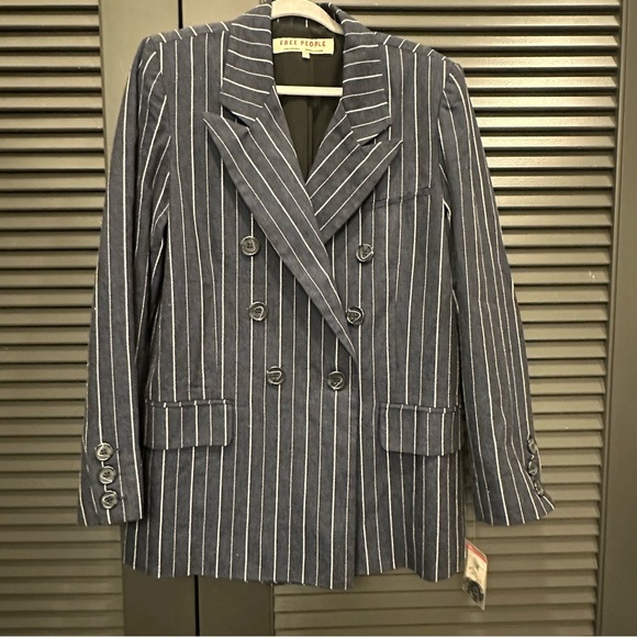 Free People Ashby Double-Breasted Blazer in Navy Pinstripe - Picture 5 of 9